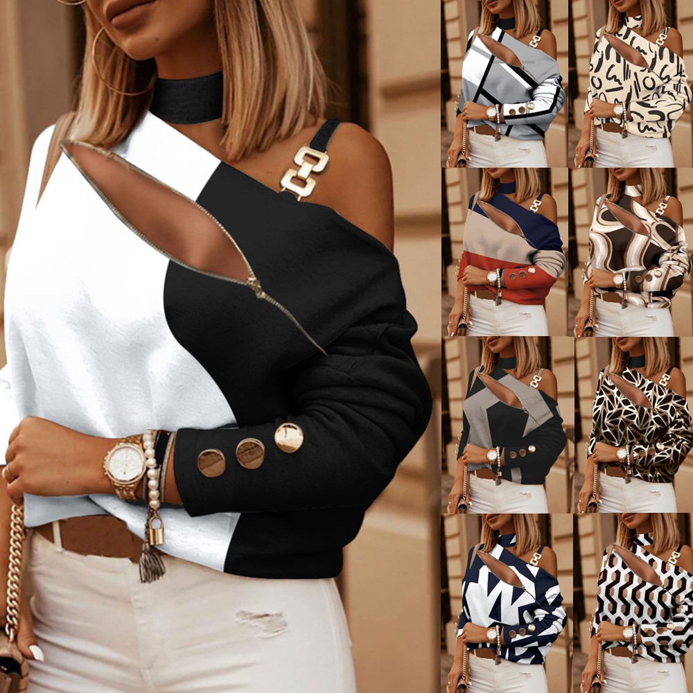 Off Shoulder Top - Women's Off Shoulder Blouse with Button
