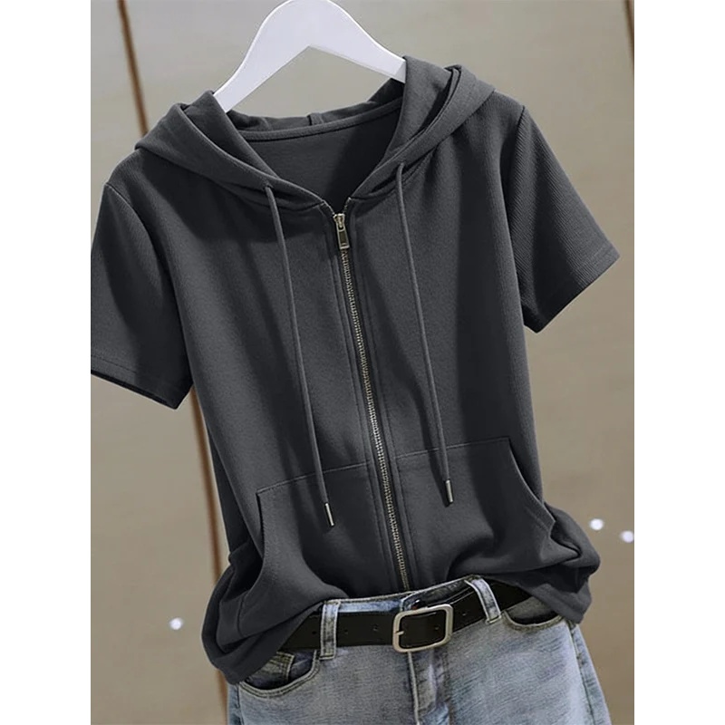 Women'S Fashion Zip Hoodie - Women Summer Zip‑Up Short Sleeve Hoodie,
