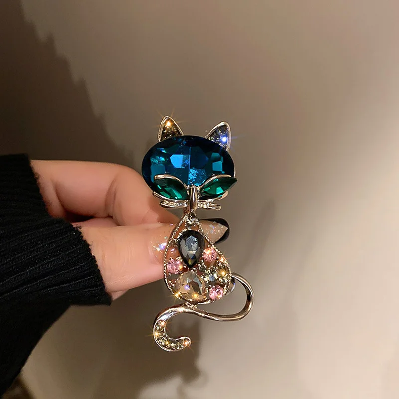 Women Fashion Korean - 2024 Korean Rhinestone Cat Pendant Brooches