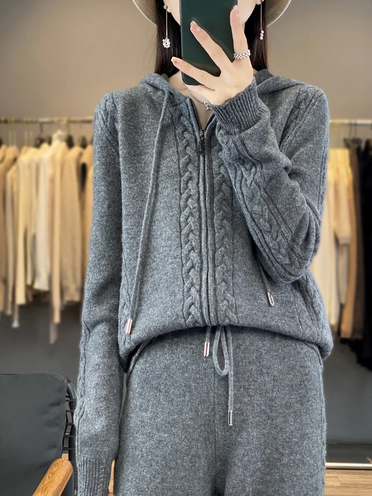 Women'S Fashion Zip Hoodie - Women's Pure Cashmere Hooded Cardigan 2-Piece