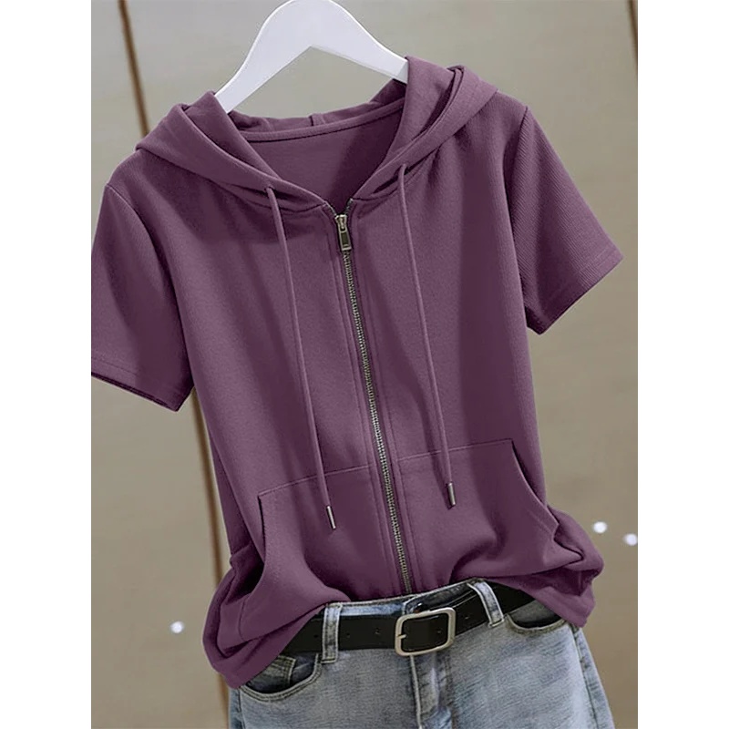 Women Summer Zip‑Up Short Slee - Women'S Fashion Zip Hoodie review and price