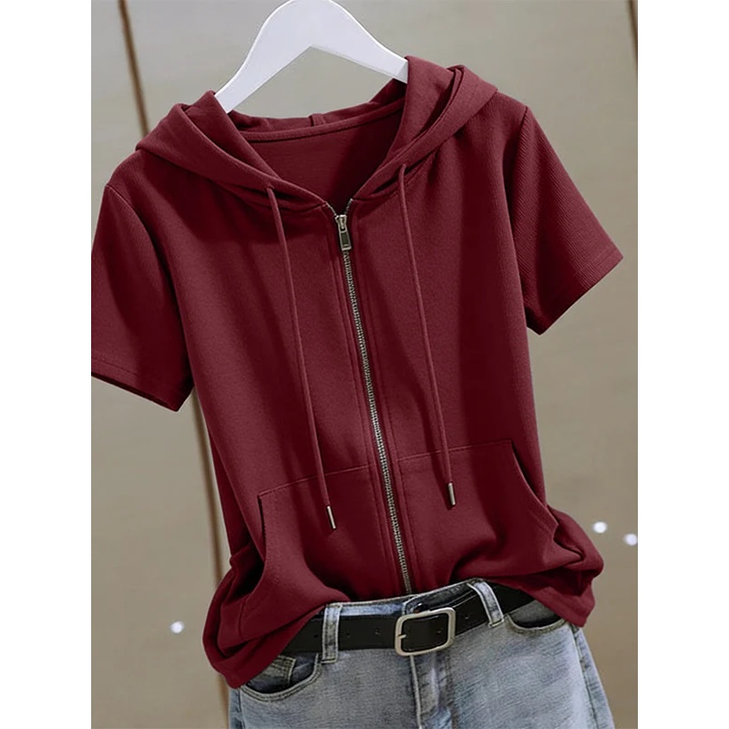 Women Summer Zip‑Up Short Slee - Women'S Fashion Zip Hoodie review and price